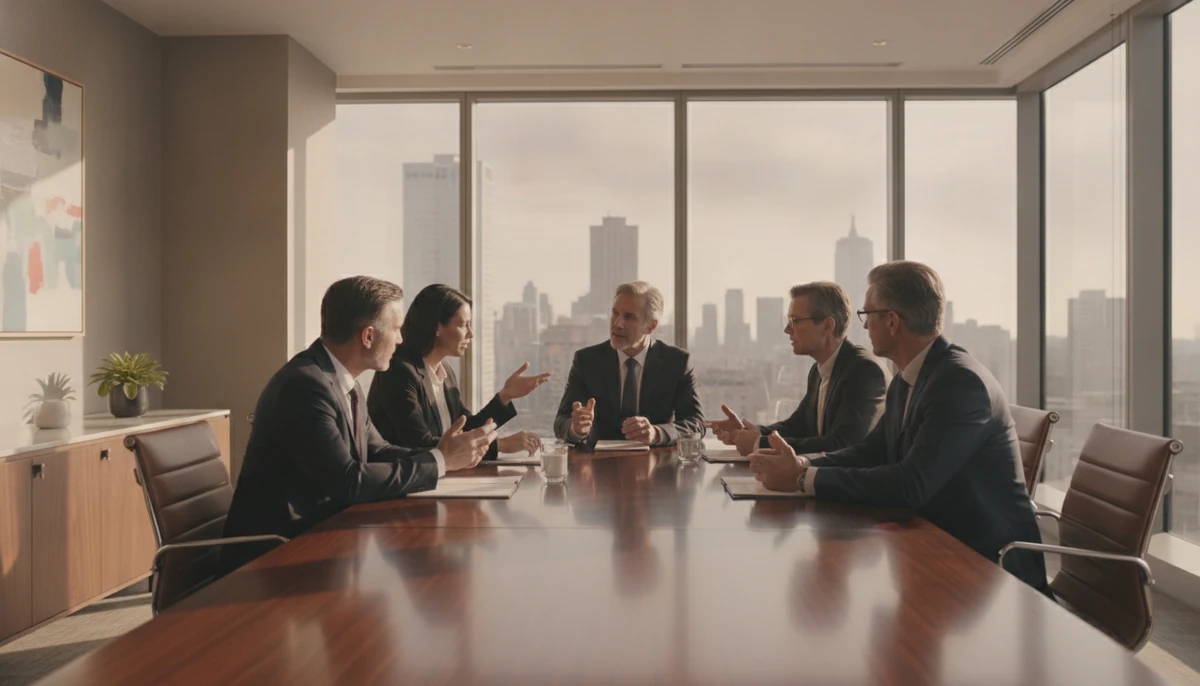 High-level entrepreneurs in an intimate boardroom discussion, engaged in active conversation around a table