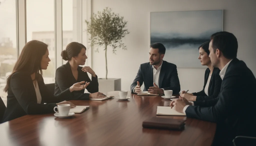 Circle of peers in deep conversation around a table, authentic and focused discussion in professional setting