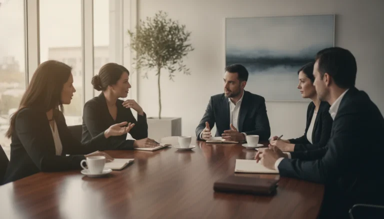 Circle of peers in deep conversation around a table, authentic and focused discussion in professional setting