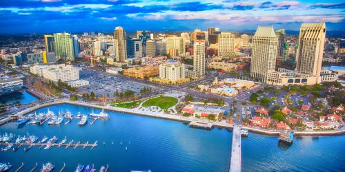 The downtown district of San Diego, California shot after a storm at sunset from an altitude of approximately 300 feet during a helicopter photo flight.